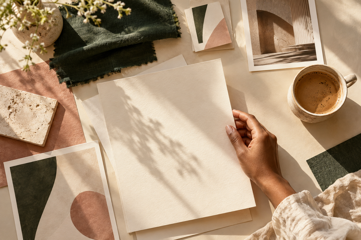 A creative studio desk with paper samples, color swatches, and a hand arranging a design
